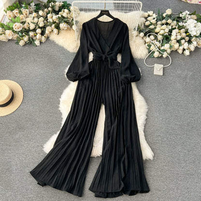 European And American Spring V-Neck Puff Sleeve Tie Waist Long Pressed Pleated Wide-Leg Pants Jumpsuit