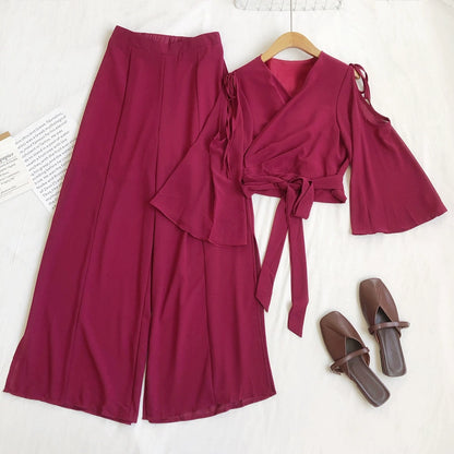 Fashionable Temperament V-Neck Tie Waist Short Bell Sleeve Shirt With High-Waisted Slit Wide-Leg Pants