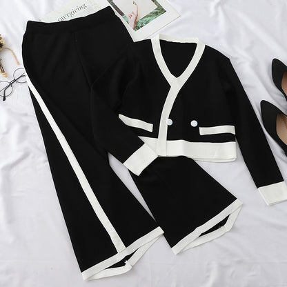 Female V-Neck Shirt & Foreign Air Wide Leg Pants Contrast knitted Two-Piece Set