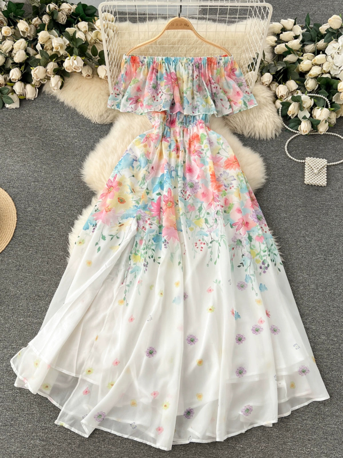 Sophisticated One Shoulder Slim Long Chiffon Fairy Dress with Beautiful Floral Patterns