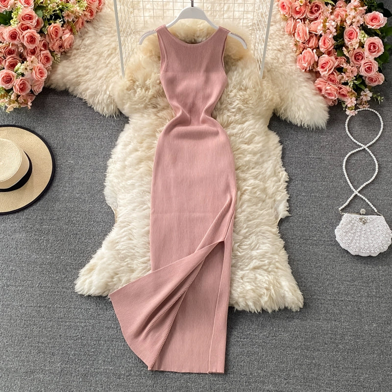 Luxurious Stretch Knitted With Round Neck Midi Dress