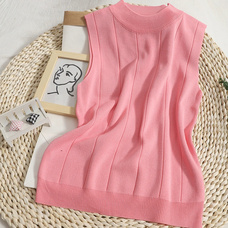 New Korean Version Solid Color Knitted Round Neck Sleeveless Vest T-shirt Top