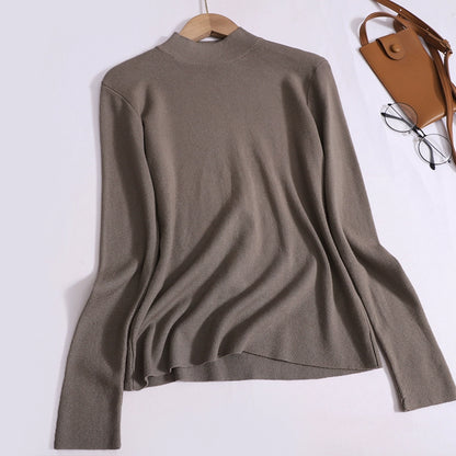 New Korean Version  Versatile Knitted Half-High Neck Solid Color Long Sleeve Inner Top