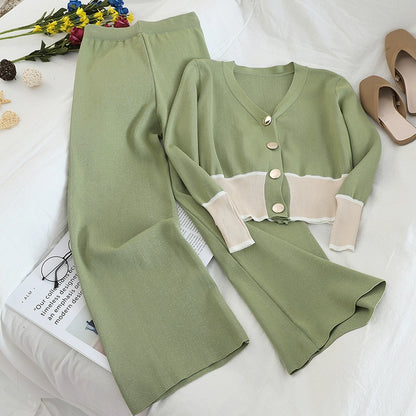 Contrasting Color knitted Buttoned V-neck Cardigan With Fashionable Wide-Leg Pants Sweater Set