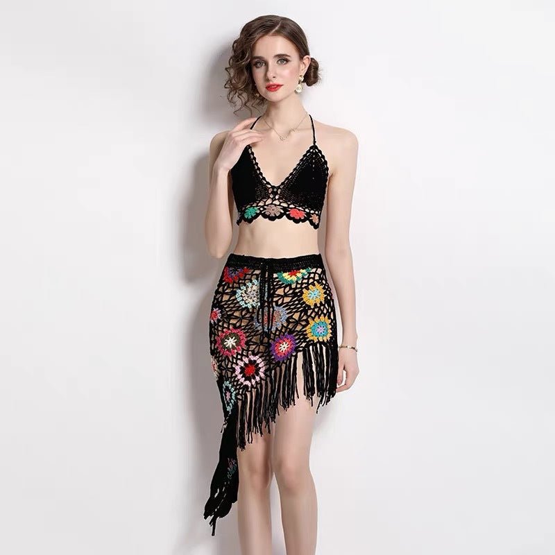 Seaside Vacation Suit Hanging Neck Halter Vest High Waist Tassel Hip Skirt