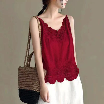 Cutout Lace Cotton Linen Camisole Women's Summer Undershirt Lace Top