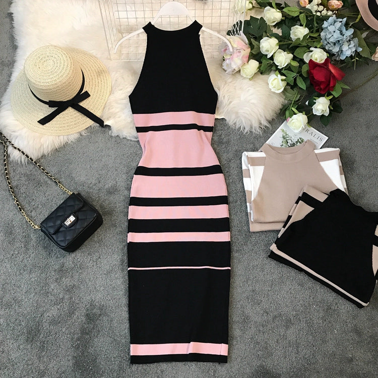 Women's Luxurious Striped Halterneck Knitted Midi Dress