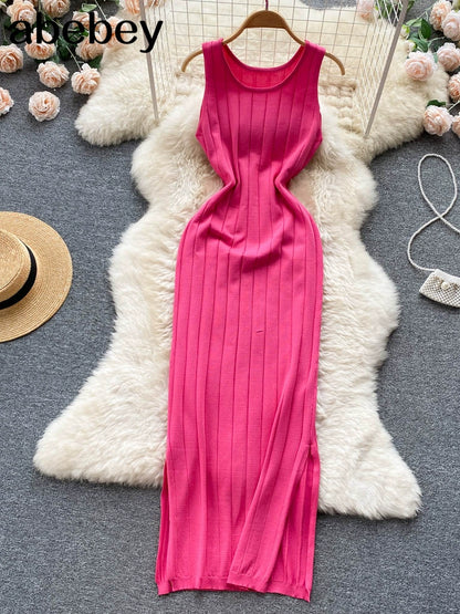 Summer Knit Sexy Strap Dress Women Tank Elastic Waist Bodycon