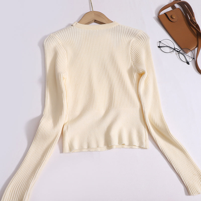 Elegant Cut-Out Halter Neck Long-Sleeved knitted Slim Cross Crop Top