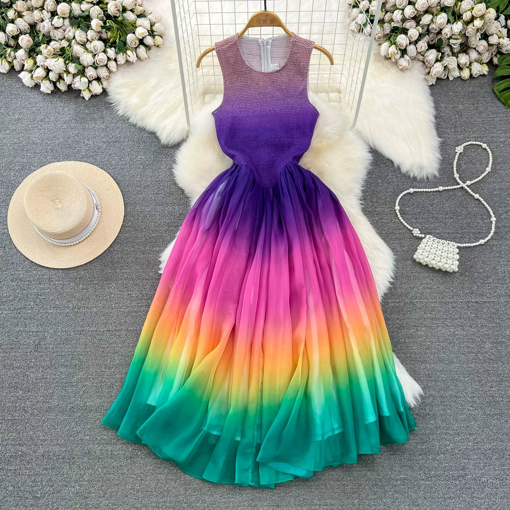 Elegant Rainbow Gradient Chiffon Dress with Cinched Waist and A-Line Silhouette