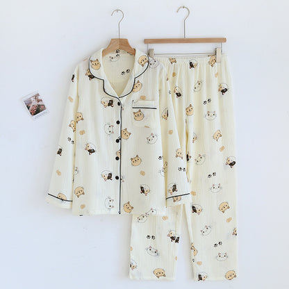 Cotton Yarn Loungewear Pajamas with Cartoon Print And Lapel Collar