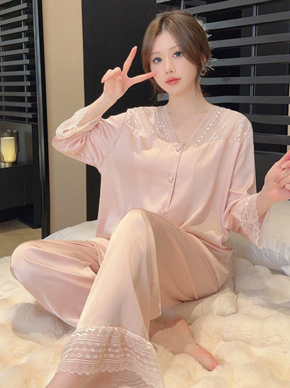 Cozy Comfortable Ice Silk Loungewear with Long Sleeves and Pants