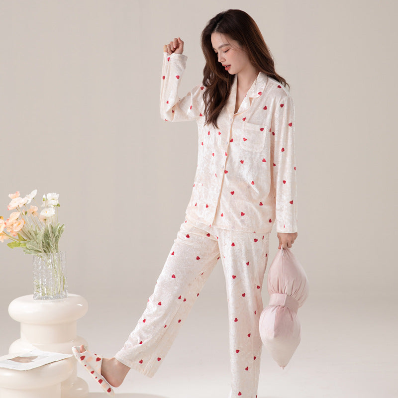 Luxury Elegant Velvety Long Sleeve Diamond Velour Sleepwear Set for Autumn & Winter