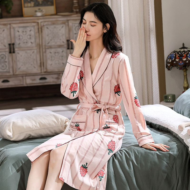 Spring and Autumn Women's Cotton Long Sleeve Bathrobe Dress