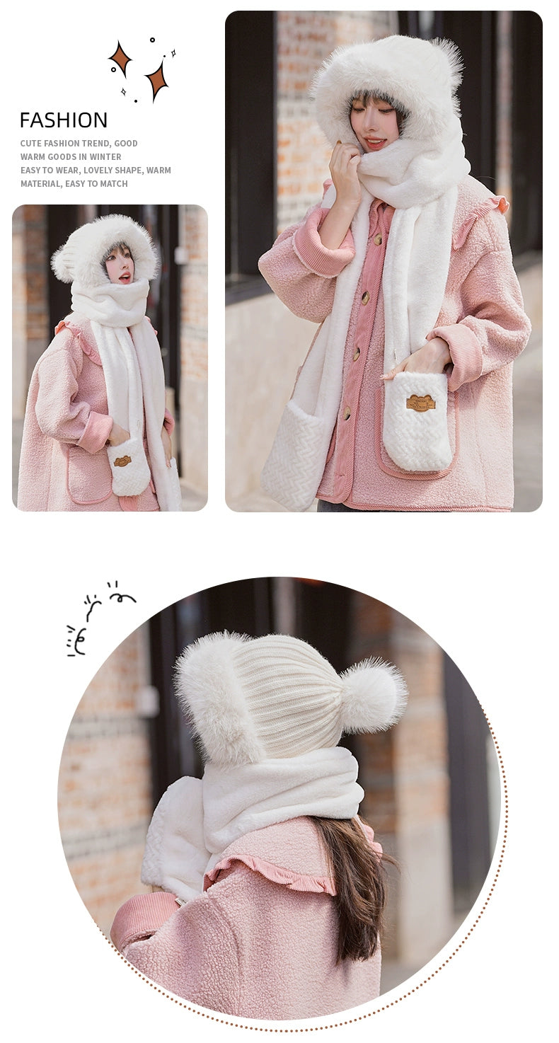 Winter Thickened And Warm Fleece Hat Style Scarf Gloves 3 In One Cold-Proof Plush Hat