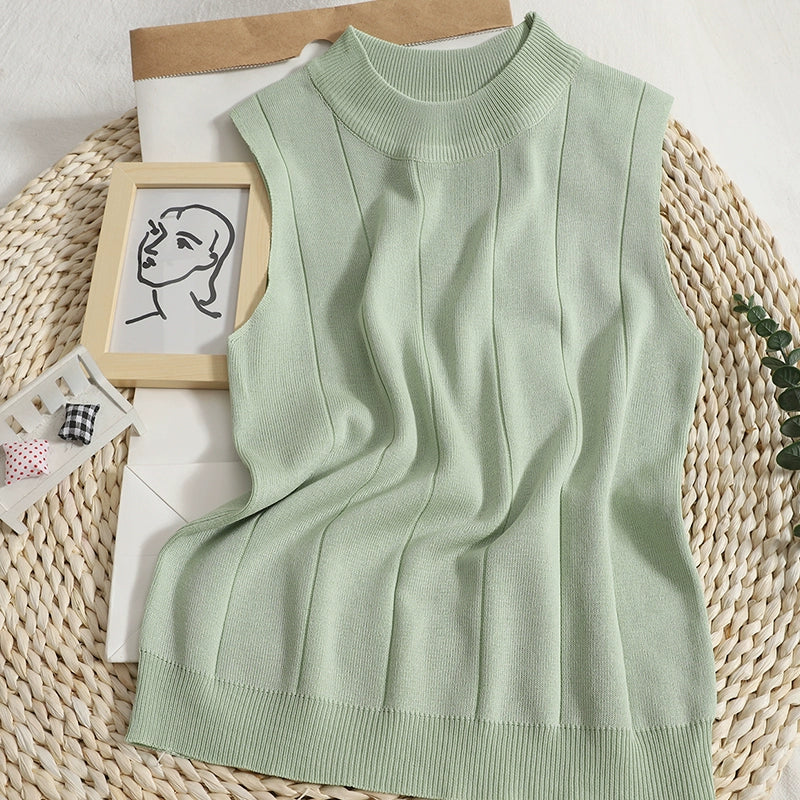 New Korean Version Solid Color Knitted Round Neck Sleeveless Vest T-shirt Top