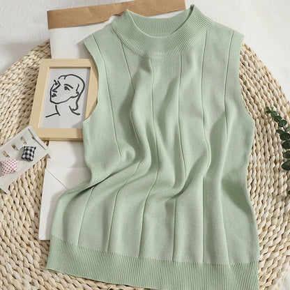 New Korean Version Solid Color Knitted Round Neck Sleeveless Vest T-shirt Top