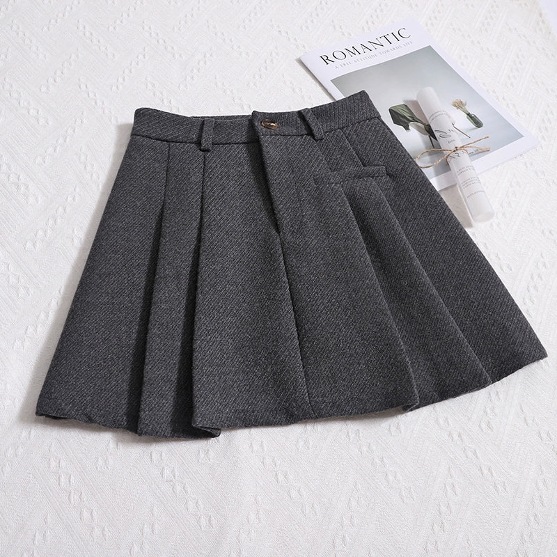 Women's Winter New Retro Versatile Hip Skirt High-Waisted Slim A-line Woolen Pleated Short Skirt