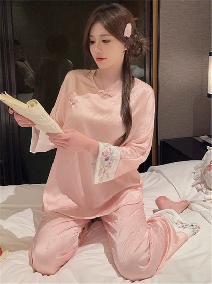 Chinese Floral Ice Silk Pajamas Long Sleeved Silk Suits