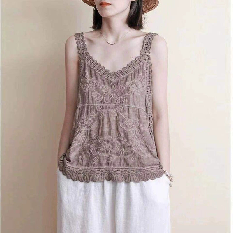 Ethnic style Summer Friendly hollow embroidery cotton and linen tops