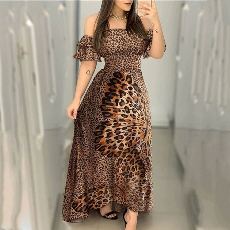 Elegant Leopard Print Maxi Dress with Butterfly Pattern Off-Shoulder Summer Party Gown for Women