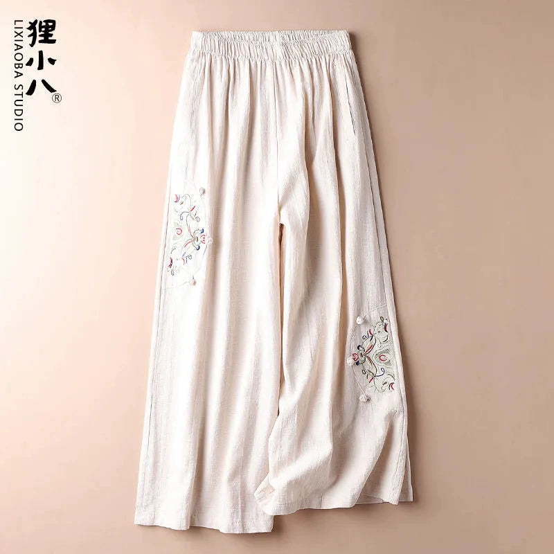 Summer Retro Style Embroidered cotton and linen slacks, women's pant