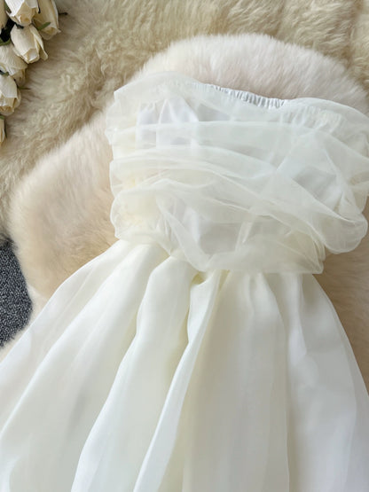 Elegant Sleeveless Bandeau Dress with Off-the-Shoulder Pleated Design and Cinched Waist