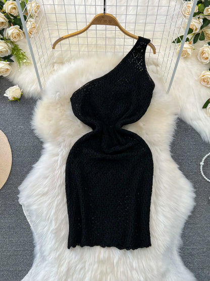 Slanted Collar, Off-Shoulder, Waist Thin, Short Cut-Out knitted buttocks Bodycon