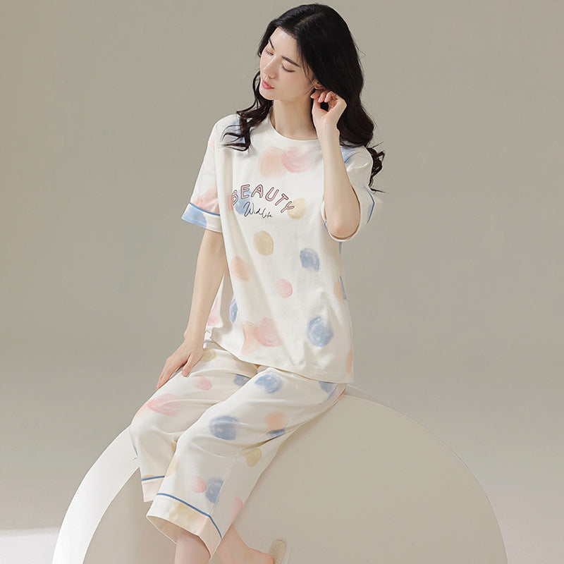 Ladies Summer Cotton Short-Sleeved Cropped Pants Casual Half-Sleeved Sleepwear Set