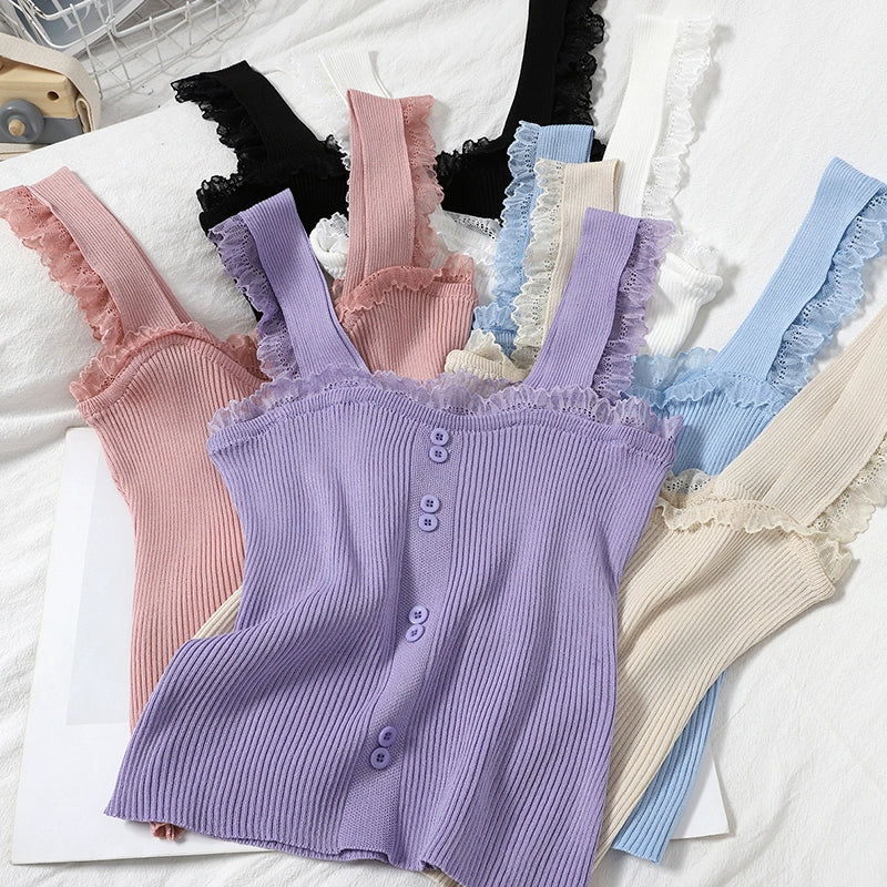 Elegant Sweet And Slim Suspenders Base knitted Lace Tops For Winter