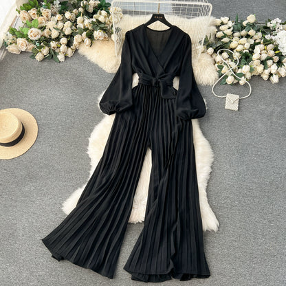 European And American Spring V-Neck Puff Sleeve Tie Waist Long Pressed Pleated Wide-Leg Pants Jumpsuit