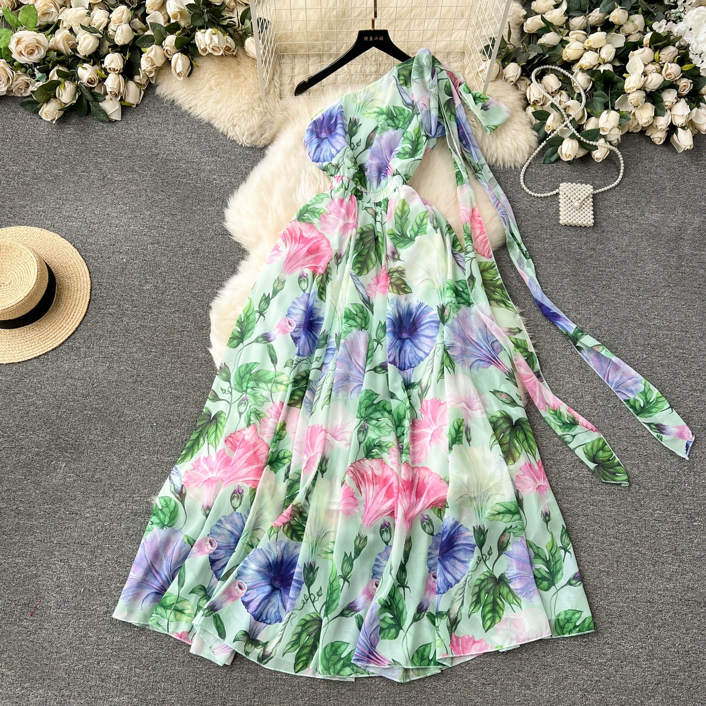 Elegant Floral Resort Dress with Slanted Neckline and Off-the-Shoulder Bow