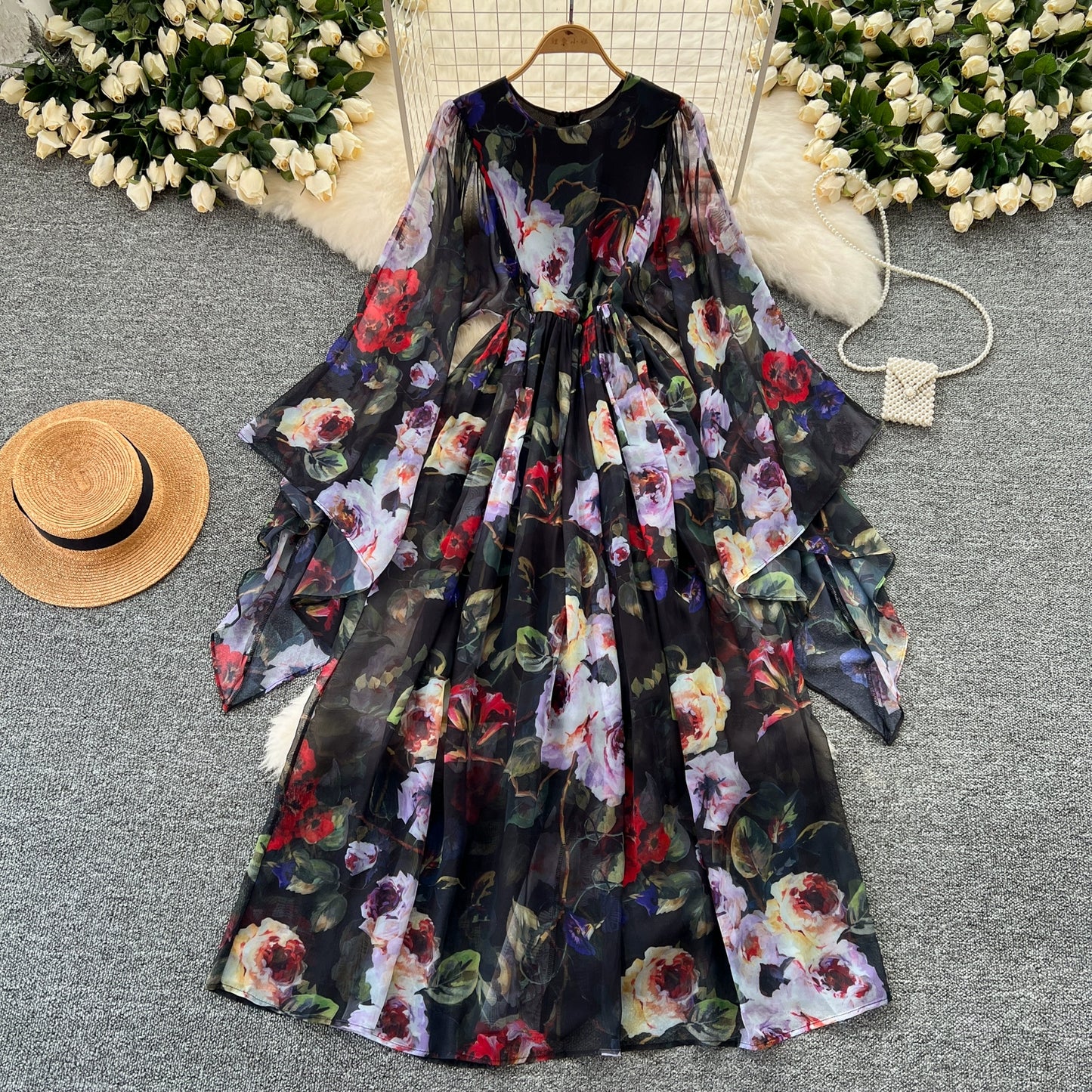 Elegant A-line Chiffon Dress- Retro Court Style with Flared Long Sleeves