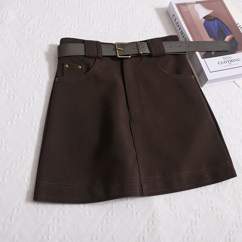 New Korean Version Retro Casual Thin And Versatile Anti-Walking Skirt Hip Skirt Belt A-line Skirt