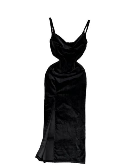 Elegant Hepburn-Inspired Velvet Swing Neck Cinched Waist and Midi Length Bodycon Dress