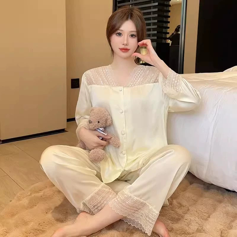 Cozy Comfortable Ice Silk Loungewear with Long Sleeves and Pants