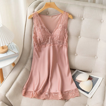 Women's Spring Summer Ice Silk Thin Sleeveless Nightdress