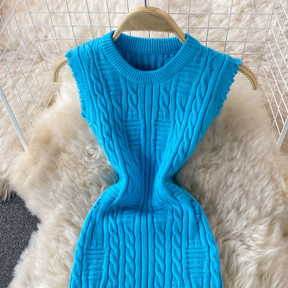 Sophisticated Spring  Sleeveless Knitted Vest Round Neck Dress