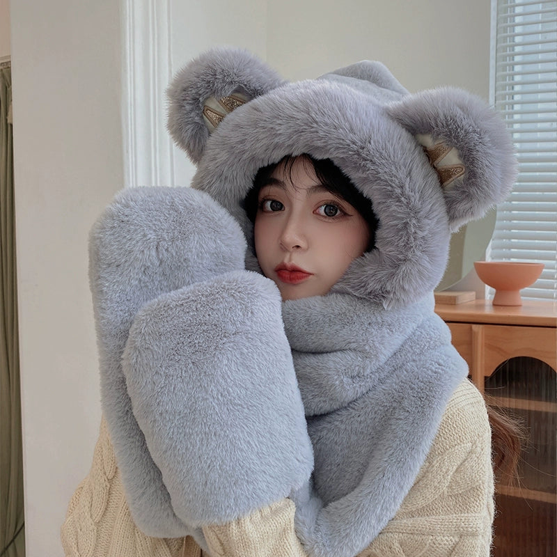 Cute Bear Hat Winter Plush Thickened Warm Hat Hooded Scarf Gloves All-In-One Set