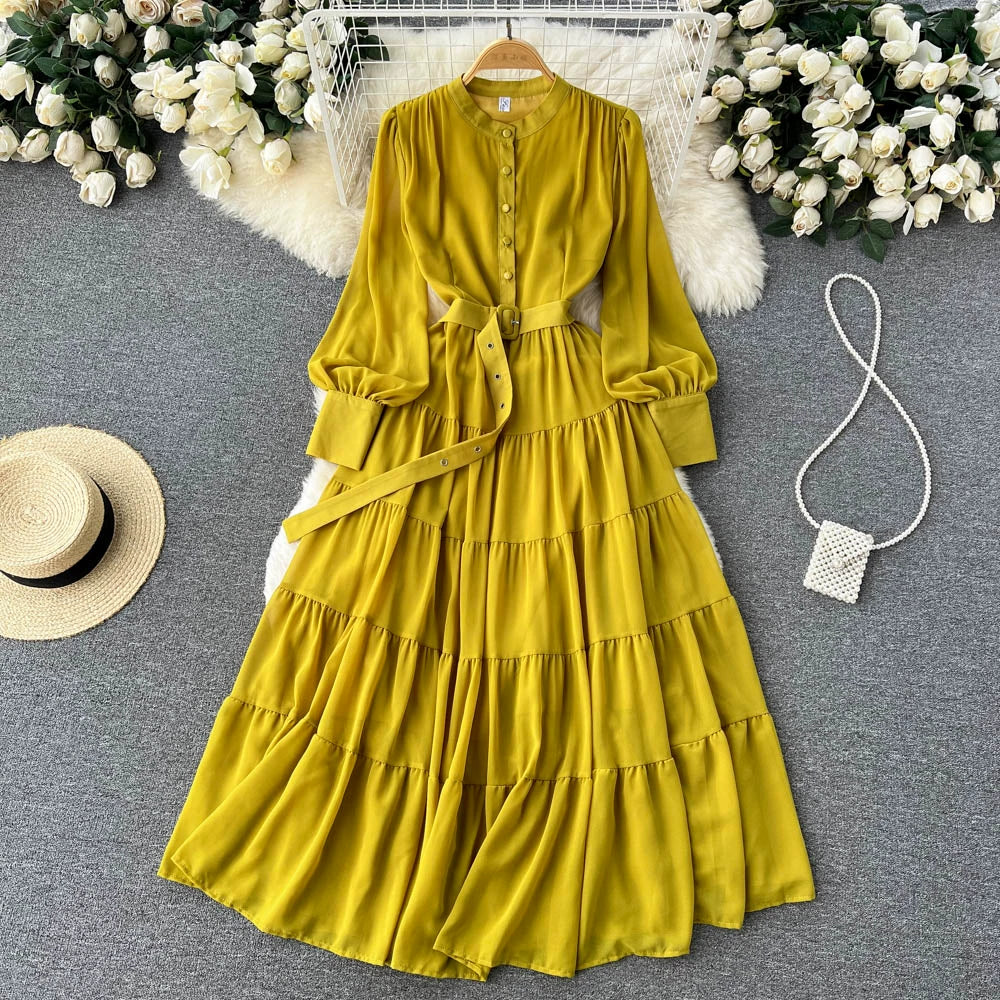 Elegant Spring V-Neck Chiffon Dress with Single-Breasted Design and Cinched Waist