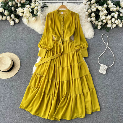 Elegant Spring V-Neck Chiffon Dress with Single-Breasted Design and Cinched Waist