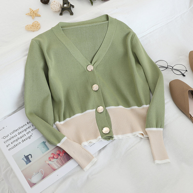 Contrasting Color knitted Buttoned V-neck Cardigan With Fashionable Wide-Leg Pants Sweater Set