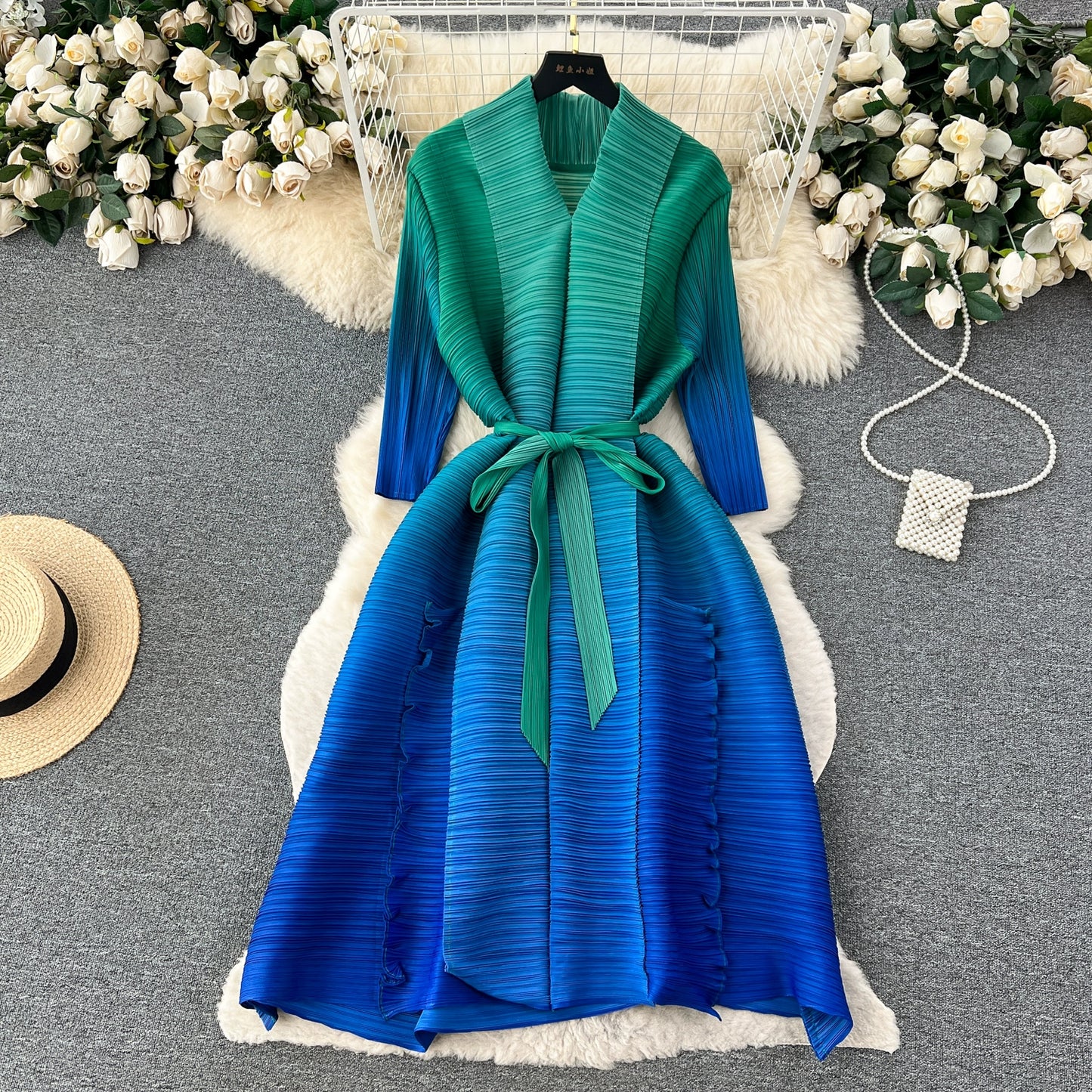 European-American Style Casual Gradient A-Line Tie Waist Pleated Dress For Women