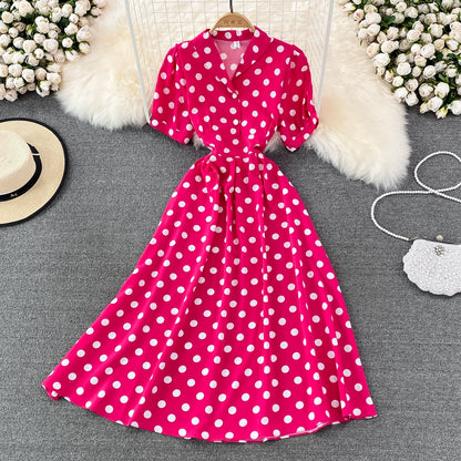 French Flair Retro Dress with V-Neck and Puff Sleeves Polka Dot Design