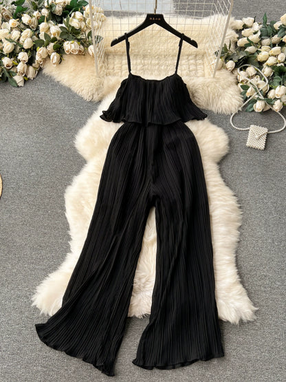 Women's Sweet Ruffle Bandeau Slim Long Heavy Pressed Pleated Suspender Wide-Leg Pants Jumpsuit