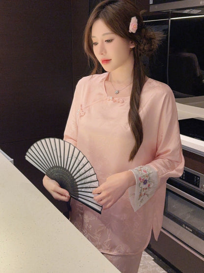 Chinese Floral Ice Silk Pajamas Long Sleeved Silk Suits