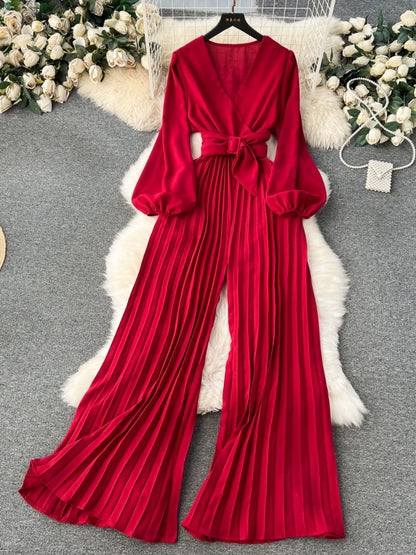 European And American Spring V-Neck Puff Sleeve Tie Waist Long Pressed Pleated Wide-Leg Pants Jumpsuit