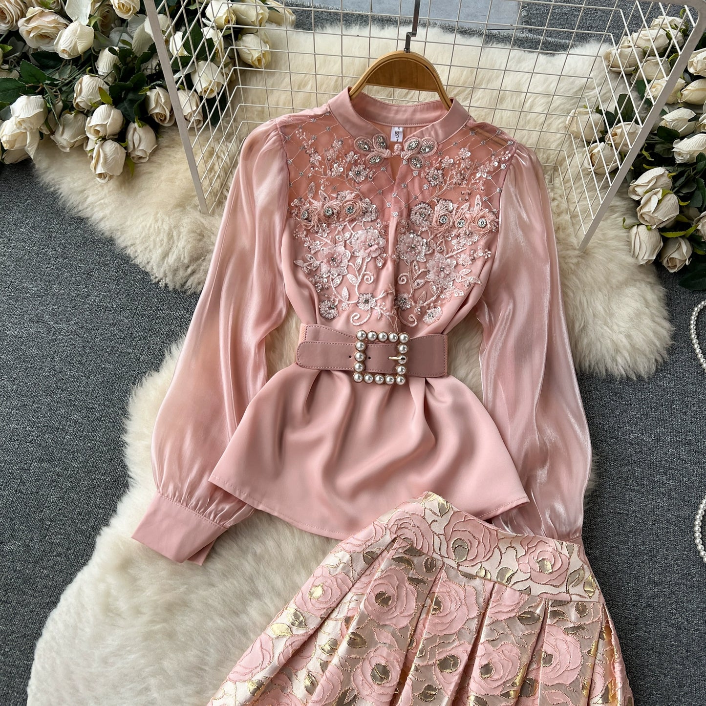 Fashionable Ensemble Heavy Work Embroidered Shirt and High-Waisted Jacquard Skirt Two-Piece Set For Women