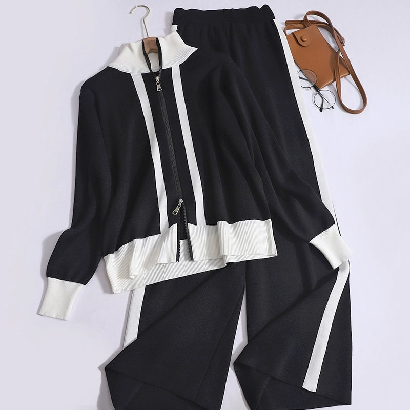 Foreign-Style Double-Ended Zipper Contrast Stand-Up Collar Cardigan Top & High-Waisted Wide-Leg Trousers Knitted Two-Piece Set