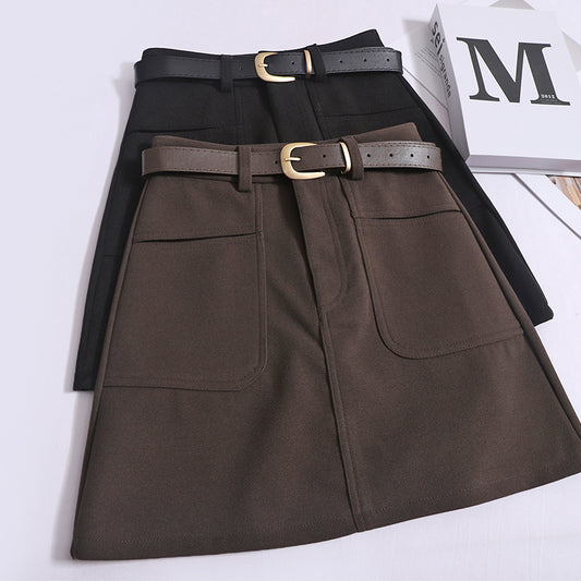 Women's Autumn And Winter New High-Waisted Slim Hip Skirt A-Line Pocket Woolen Cargo Short Skirt